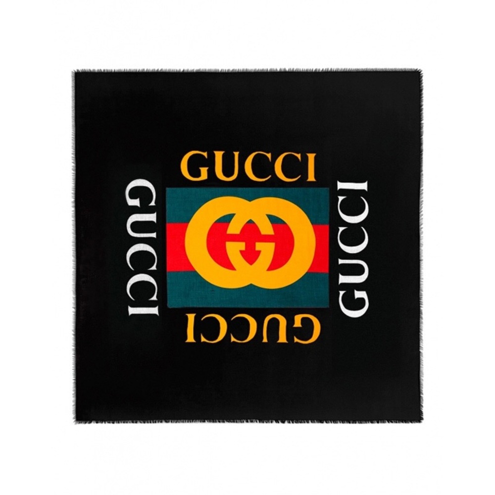 NWT Gucci Black Modal Silk Large Scarf Shawl with Interlocking G Logo.